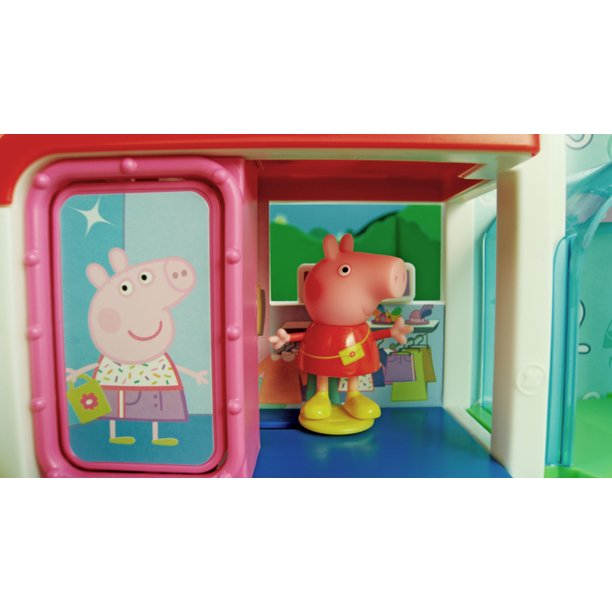  Peppa Pig Centro comercial con familia, incluye 1 juego de  centro comercial conectable, 4 figuras de juguete de personajes, 2 sillas,  1 mesa de pizza, 1 bote de juguete - para