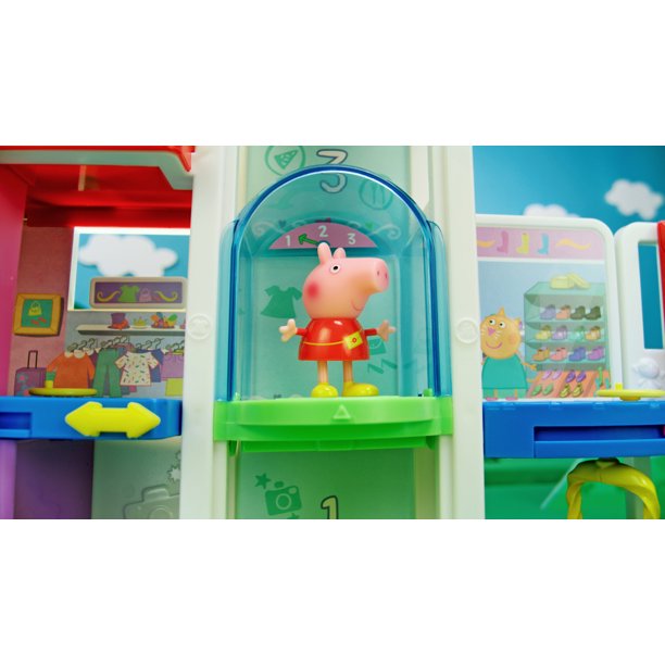 Peppa Pig Centro comercial con familia, incluye 1 juego de centro comercial  conectable, 4 figuras de juguete de personajes, 2 sillas, 1 mesa de pizza