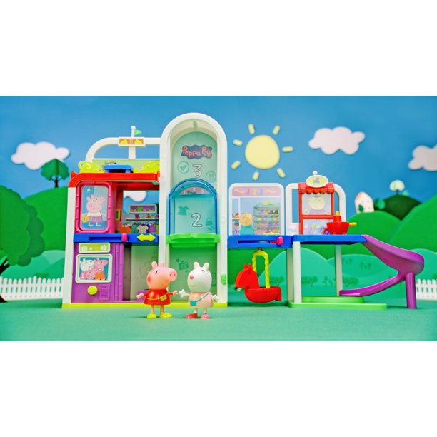  Peppa Pig Centro comercial con familia, incluye 1 juego de  centro comercial conectable, 4 figuras de juguete de personajes, 2 sillas,  1 mesa de pizza, 1 bote de juguete - para